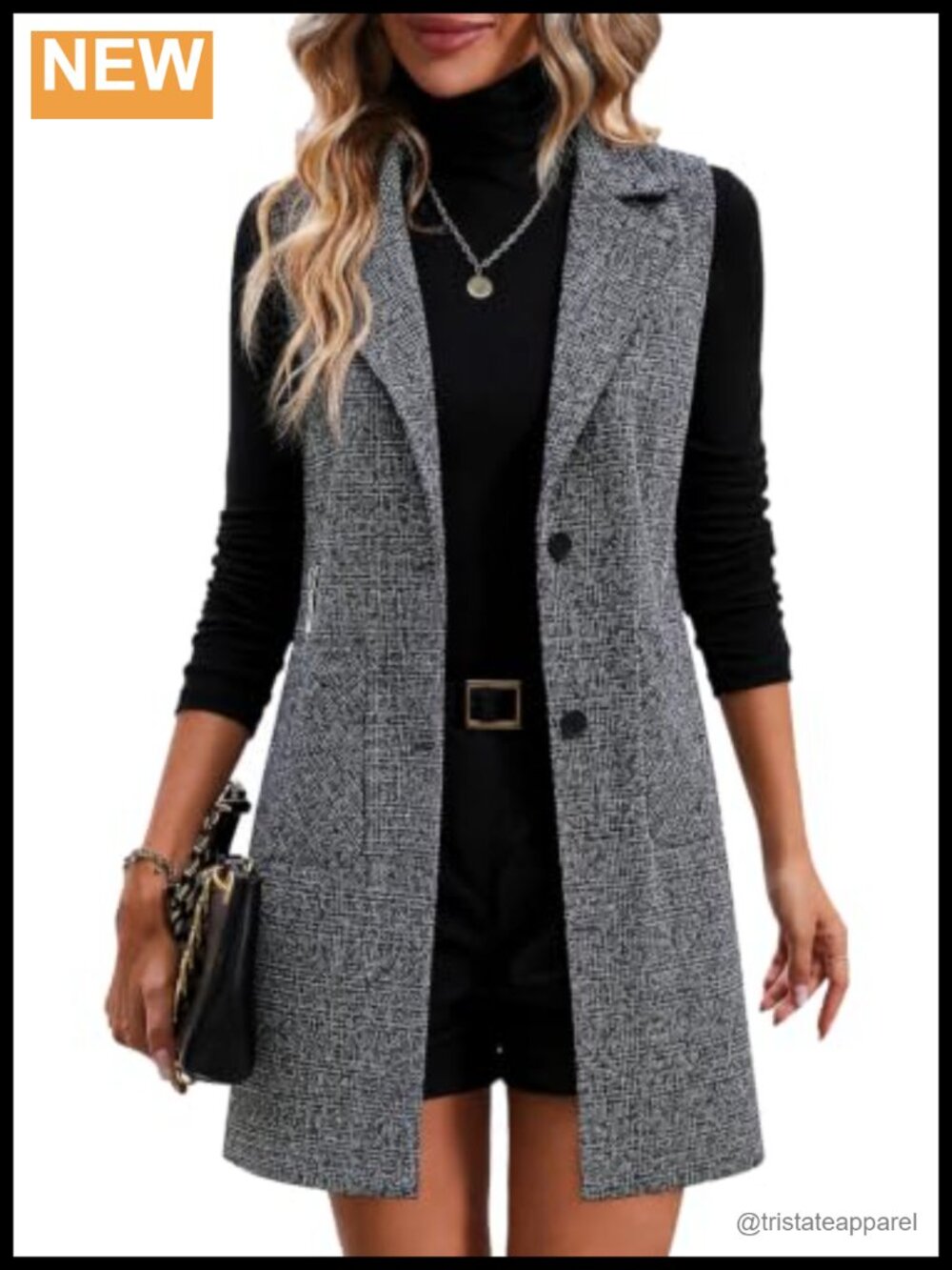 Houndstooth Blazer Vest Fully Lined Casual Office Pockets